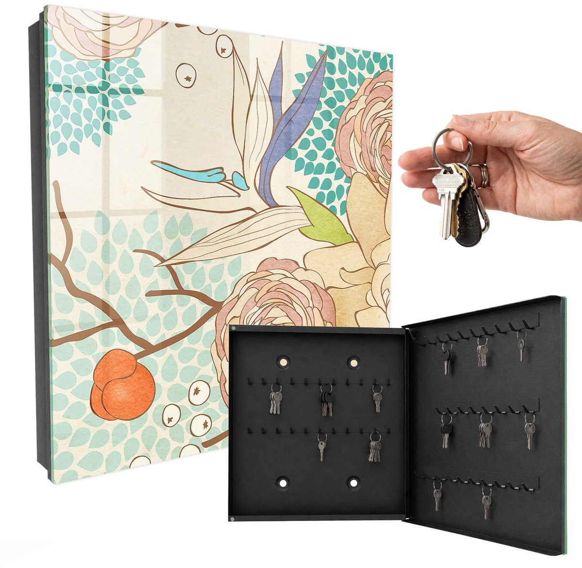 WallMuralia - Sleutelkast - 30x30x5 cm - met 50 haken - Abstracte Bloemen Sleutelkastje - Romig Sleutelbox - Rechtsopenend - Zwart interieur