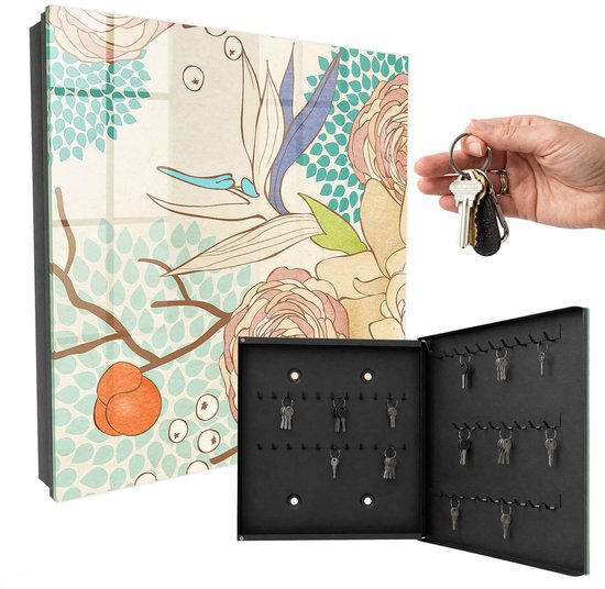 Een sleutelkastje met open deur en een hand die sleutels ophangt. De deur heeft een bloemenmotief op een beige achtergrond.