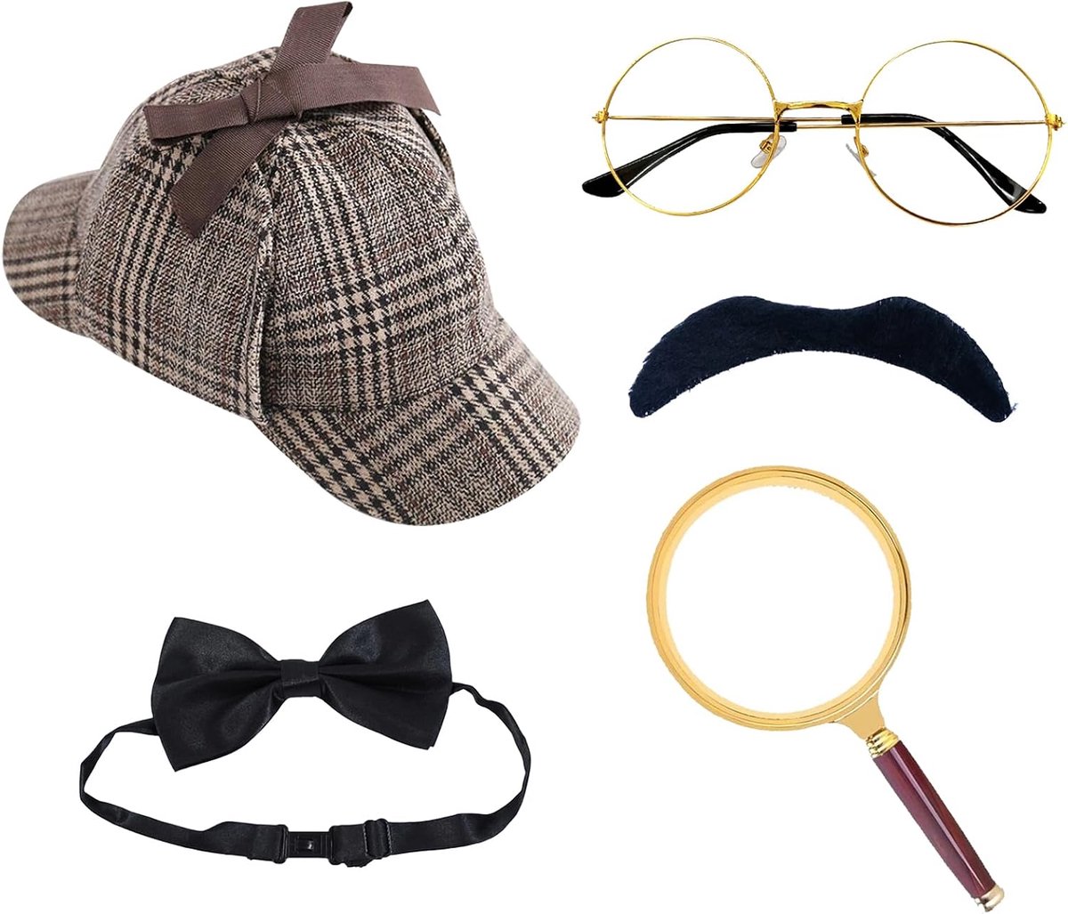 Kostuum-accessoireset, detective-set, detective hoed, bril, valse