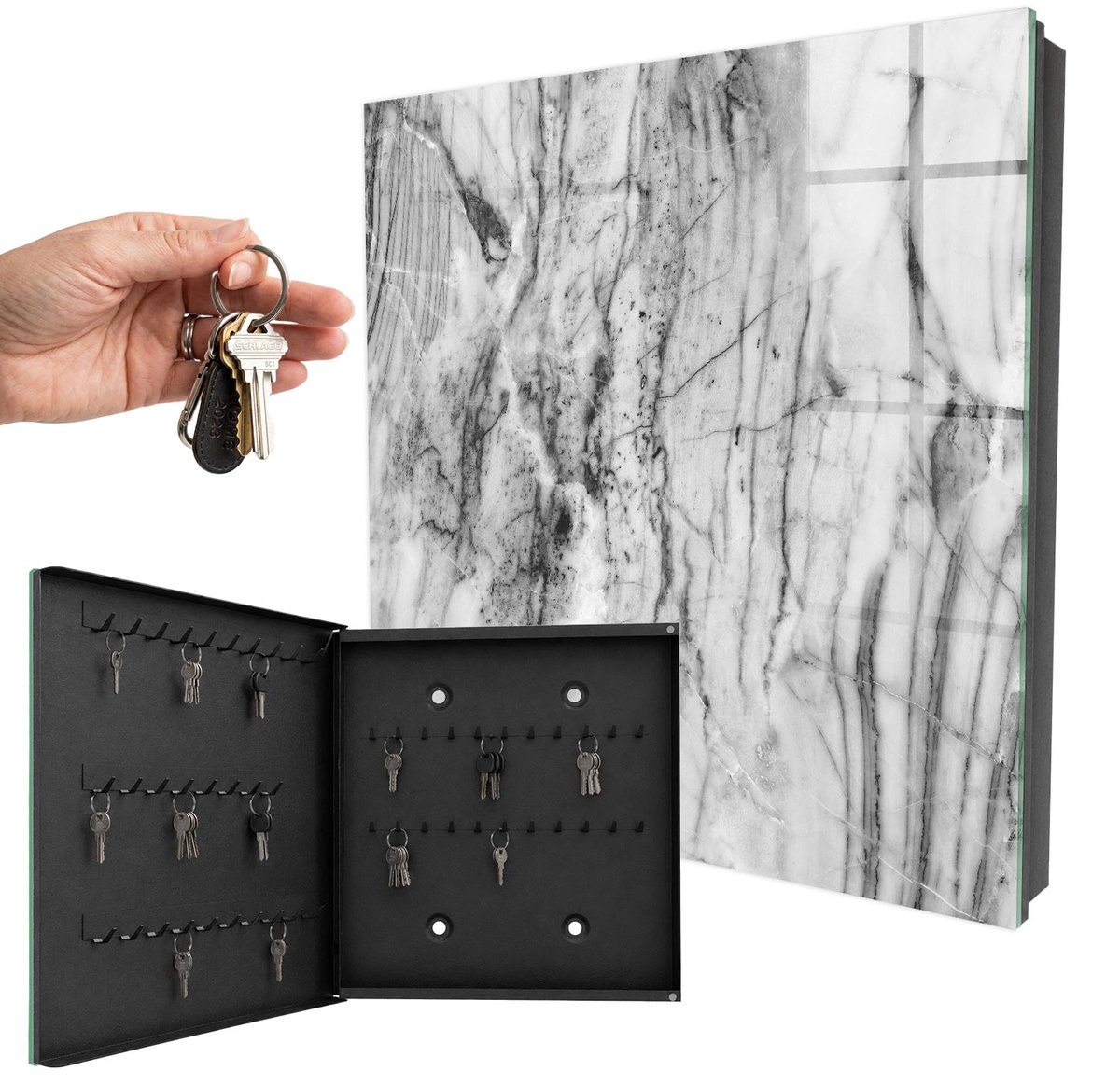 WallMuralia - Sleutelkast - 30x30x5 cm - met 50 haken - Marmeren Elegantie Sleutelkastje Industrieel - Zwart Sleutelbox - Linksopenend - Zwart interieur