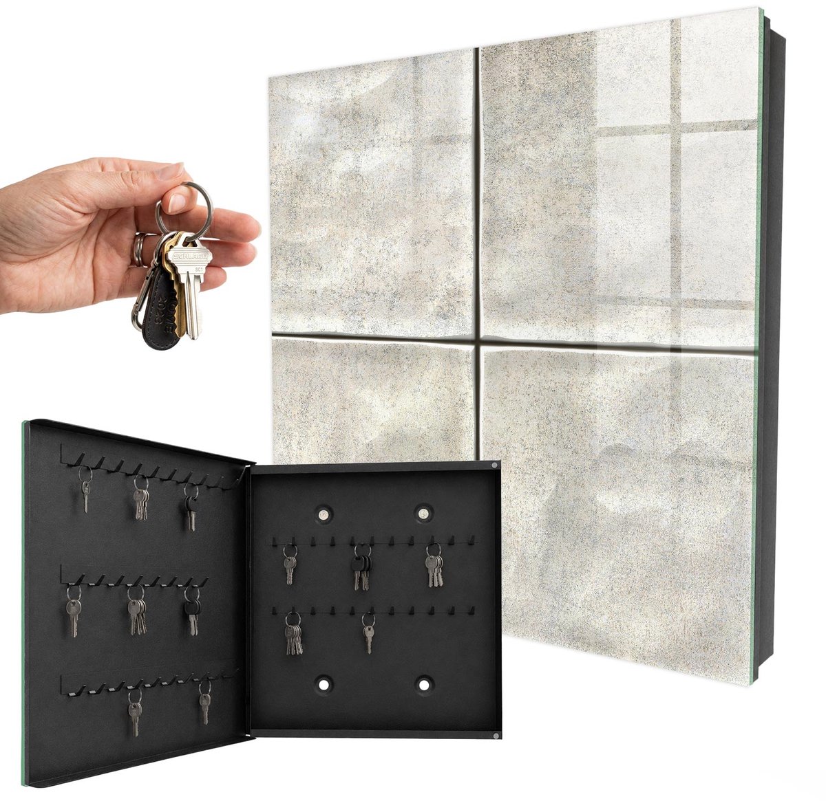 WallMuralia - Sleutelkast - 30x30x5 cm - met 50 haken - Beige Tegels Sleutelkastje Landelijk - Beige Sleutelbox - Linksopenend - Zwart interieur