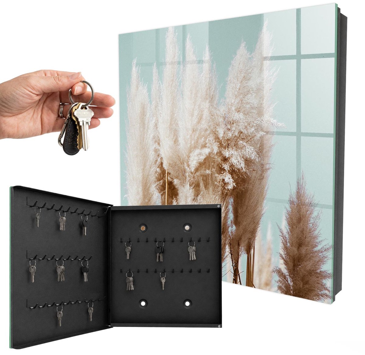 WallMuralia - Sleutelkast - 30x30x5 cm - met 50 haken - Natuurlijke Charme Sleutelkastje Klein - Romig Sleutelbox - Linksopenend - Zwart interieur