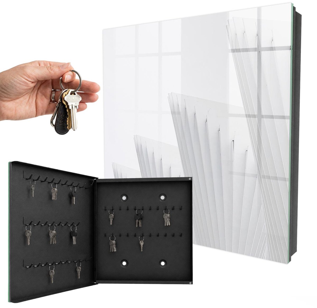 WallMuralia - Sleutelkast - 30x30x5 cm - met 50 haken - Abstracte Architectuur Sleutelkastje Binnen - Wit Sleutelbox - Linksopenend - Zwart interieur