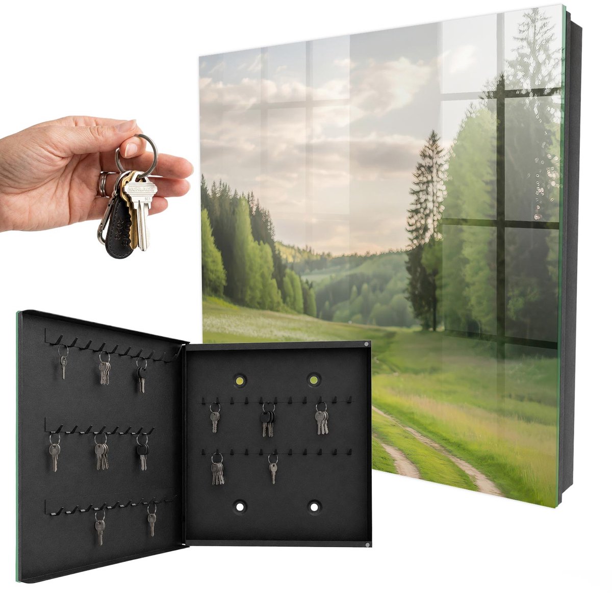 WallMuralia - Sleutelkast - 30x30x5 cm - met 50 haken - Idyllisch Landschap Sleutelkastje Industrieel - Groente Sleutelbox - Linksopenend - Zwart interieur