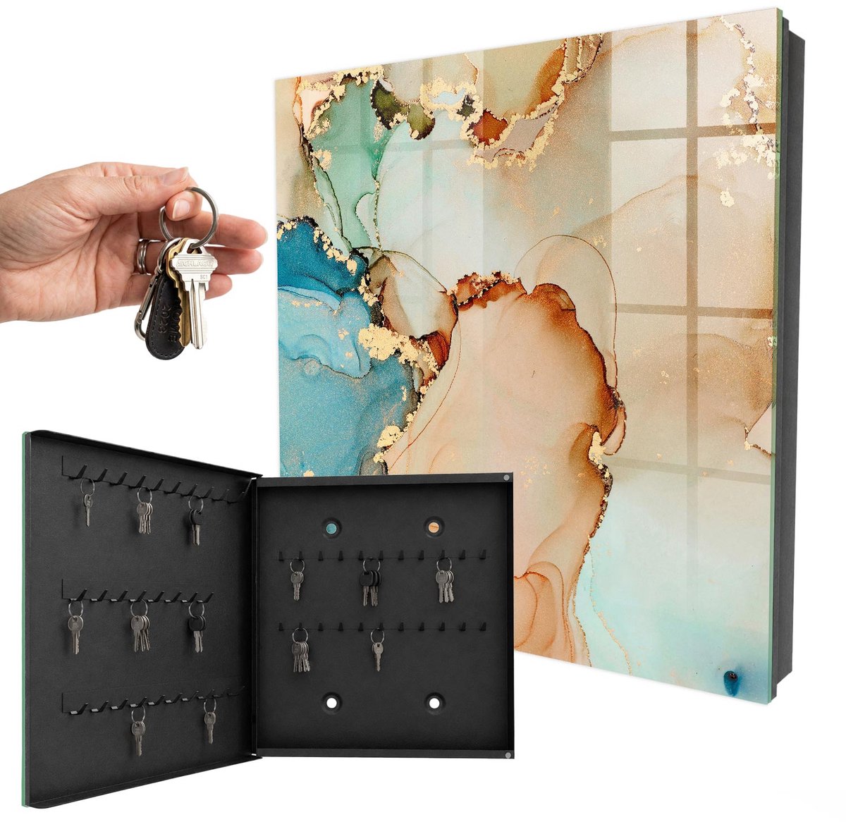 WallMuralia - Sleutelkast - 30x30x5 cm - met 50 haken - Abstracte Elegantie Groot Sleutelkastje - Beige Sleutelbox - Linksopenend - Zwart interieur