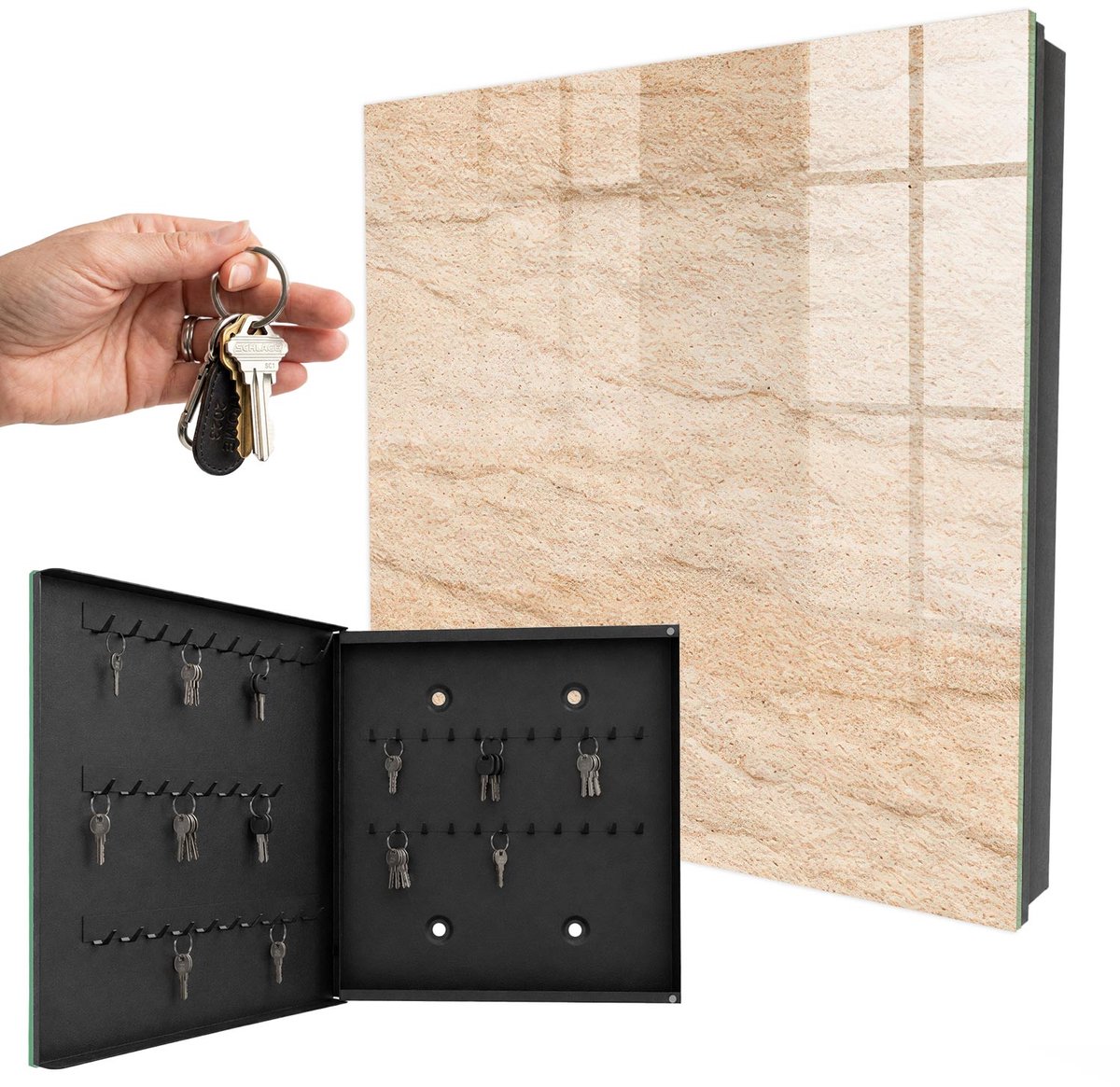 WallMuralia - Sleutelkast - 30x30x5 cm - met 50 haken - Steenstructuur Sleutelkastje Modern - Beige Sleutelbox - Linksopenend - Zwart interieur
