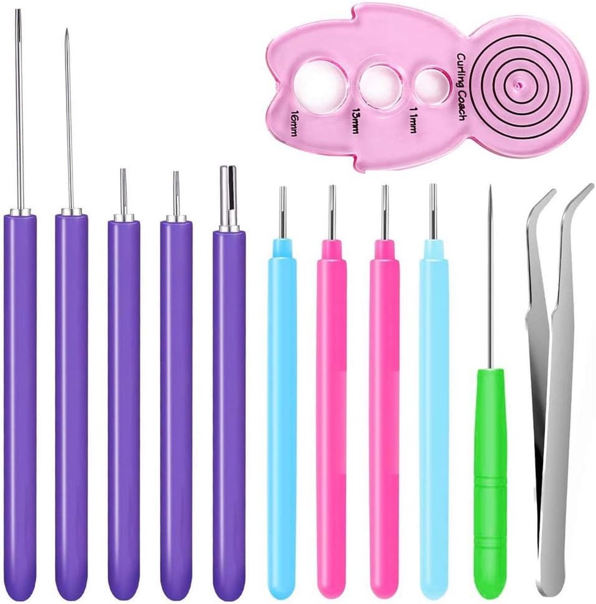 12-delig papier quilling gereedschapsset met gegroefde kit, verschillende maten rollen, krullende quilling naaldpen, papieren kaarten maken project gereedschapsset voor papieren bloemen
