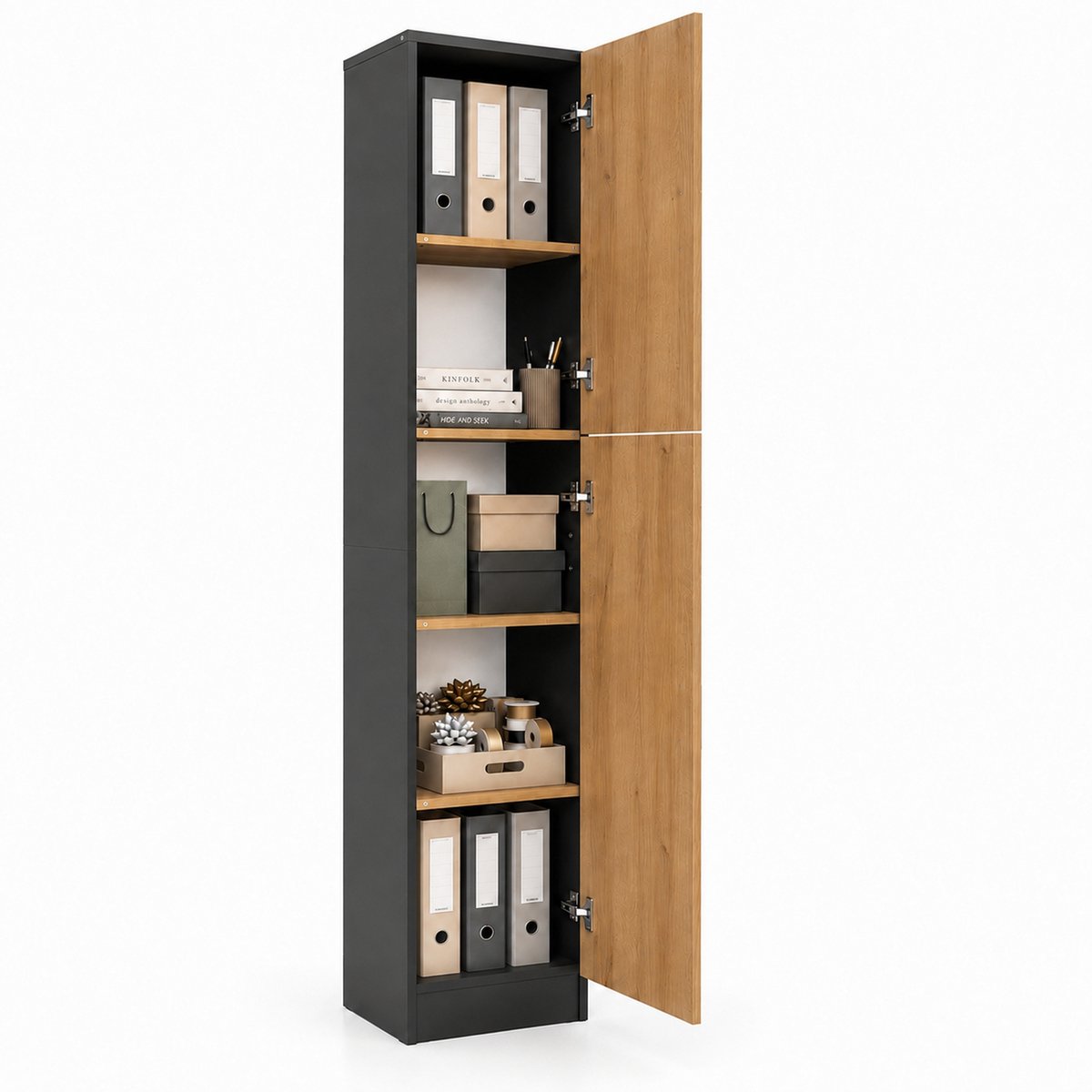 VCM Mehrzweckschrank mit 2 Drehtüren, H. 183 x B. 38 x T. 32 cm, Wohnzimmerschrank, Büroschrank und Aufbewahrungsschrank mit 5 Fächer - Dilos