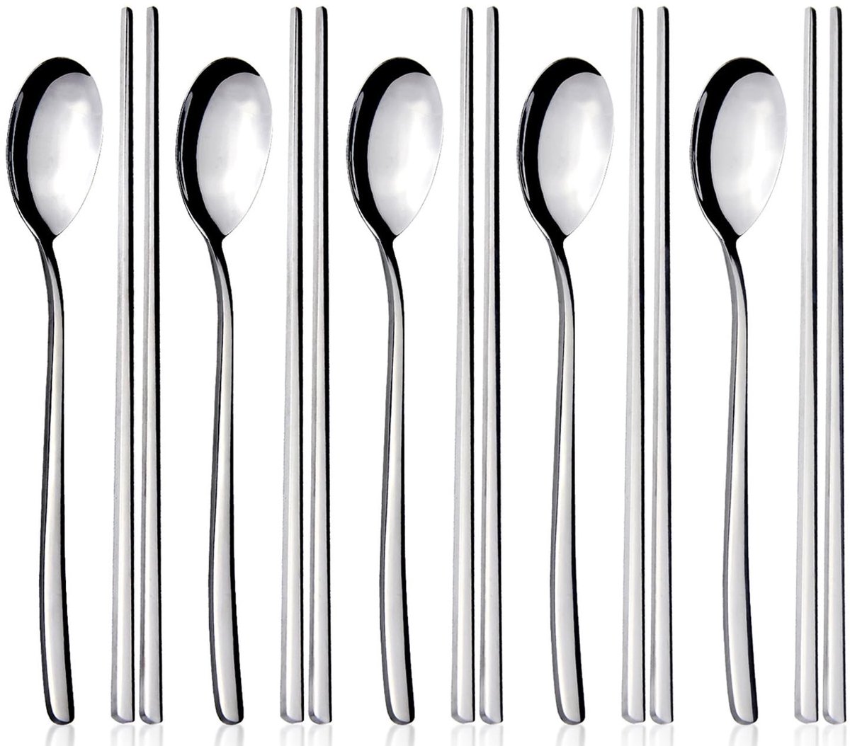 Omgoods- Eetstokjes Set 5 Paar - Roestvrij Stalen Eetstokjes - Herbruikbare Lepels - Lange Handgreep - Voor Thuis/Keuken - 22 cm Lengte - Bestekset