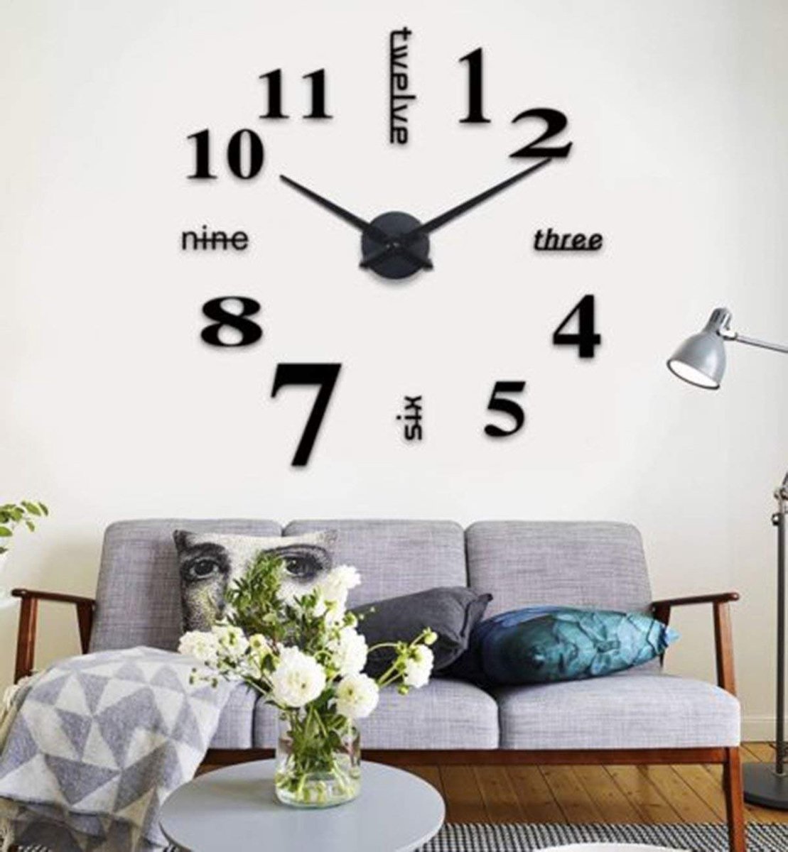 Omgoods - DIY Wandklok 3D Modern - Creatieve Decoratie - Zwart - Verwijderbare Klok met Lijmnummers - Stille Klok voor Thuisgebruik