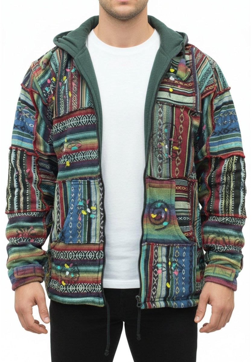 Omgoods - Boho Patchwork Hoodie voor Heren - Handgemaakt en Fleece Gevoerd