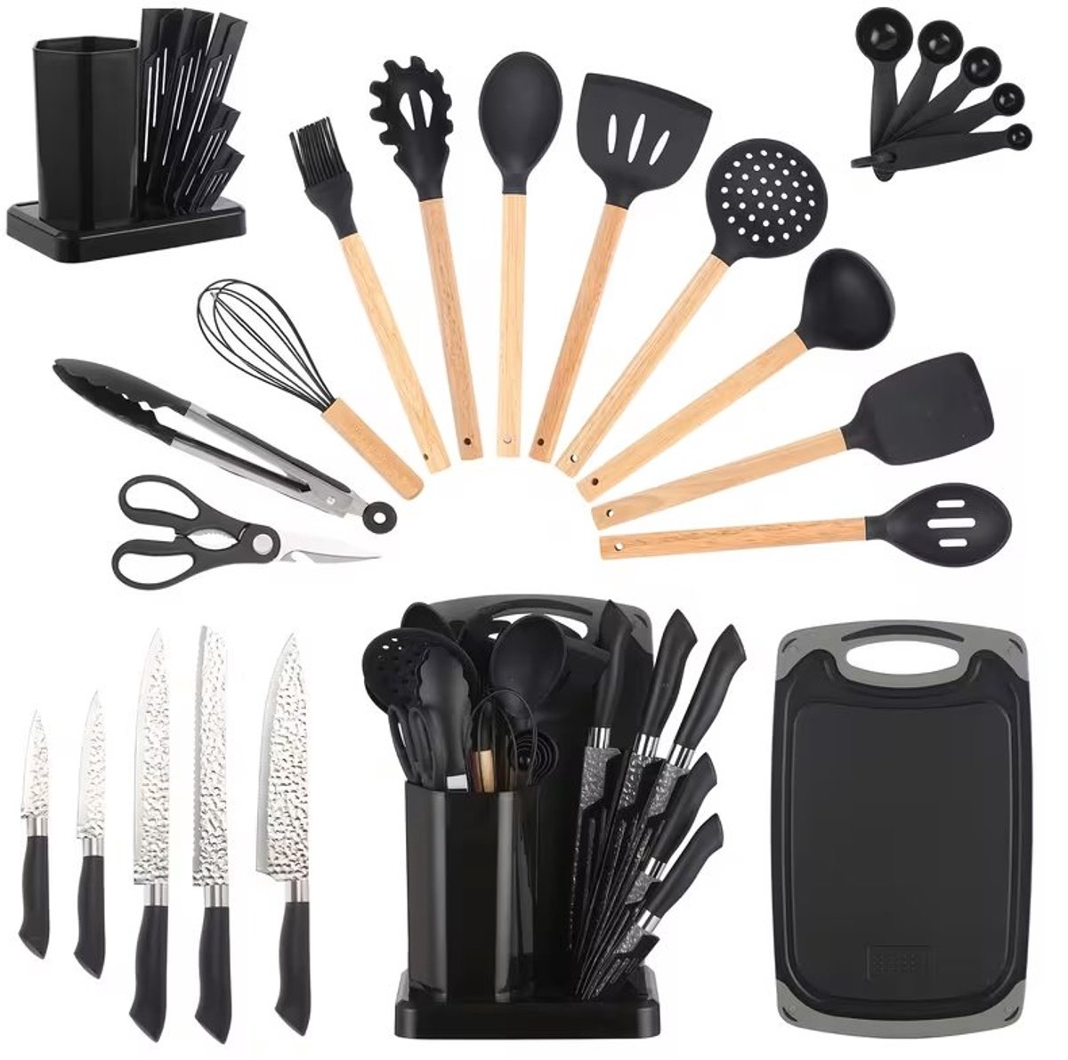 23-delige Keukenmes Set met Ventilatorvormig Blok - Inclusief Chef's Mes, Vleesmes, Broodmes, Utility Mes en Fruitmes - Roestvrijstalen Bladen, Anti-Slip Handvatten - Duurzaam, Makkelijk Schoon te Maken-Zwart.