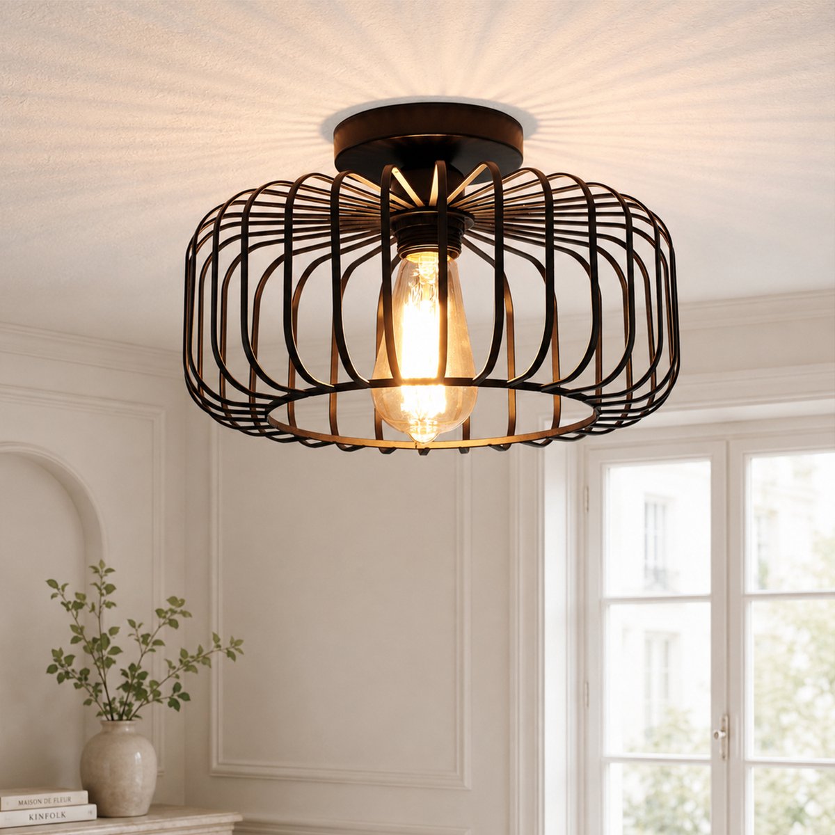 Lapamax Industriële Plafondlamp - Zwarte Metalen Plafonnière - E27 Fitting - Dimmbar 2700-3500 K - Voor Hal, Keuken, Woonkamer en Slaapkamer