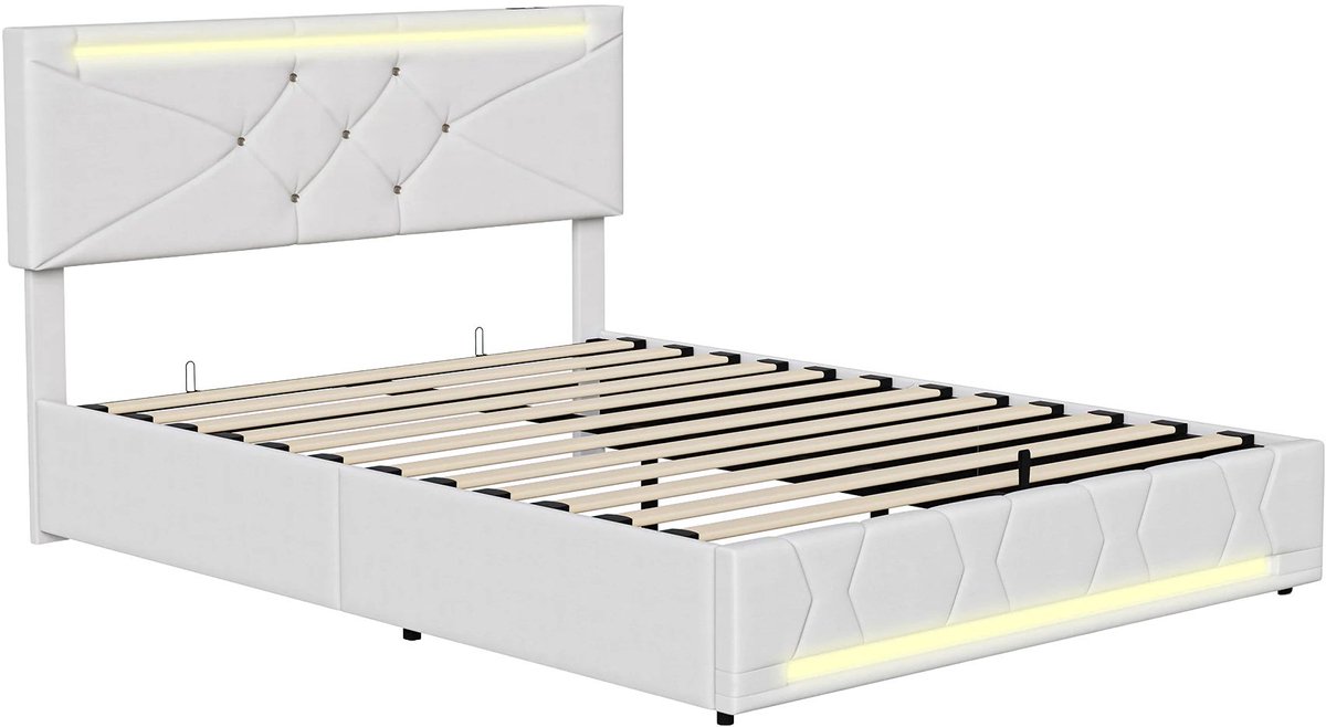 Happiq Gestoffeerd Tweepersoonsbed Beige - met LED Verlichting, Opbergruimte, Lattenbodem Wit