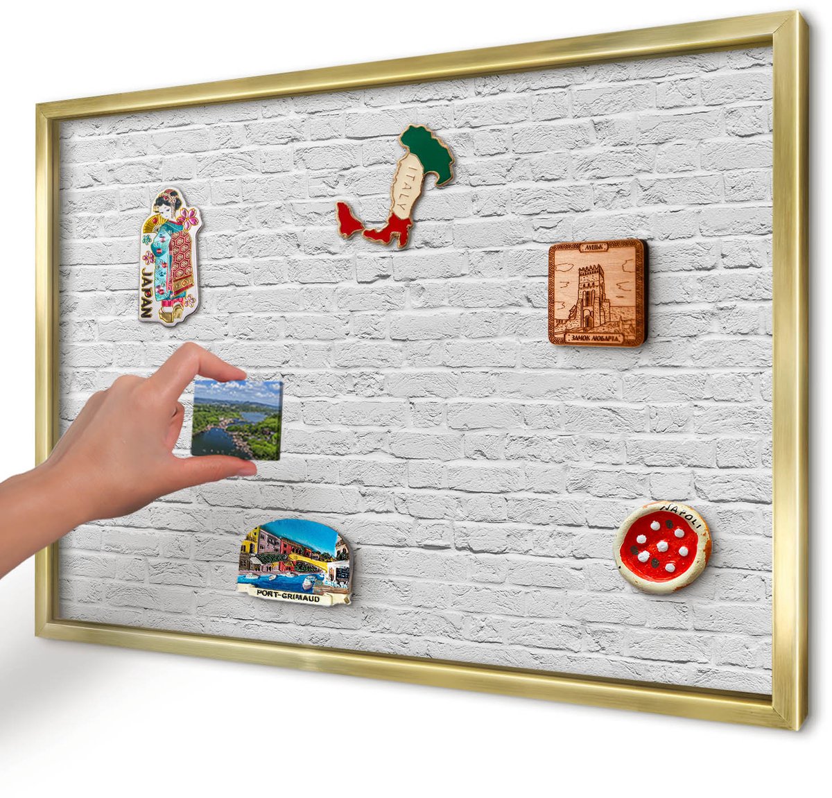 Artprintcave Wit Magneetbord mit Gouden Frame - 60x40 cm - Bakstenen Muur Memobord Keuken - Minimalist Notitiebord - Texturen