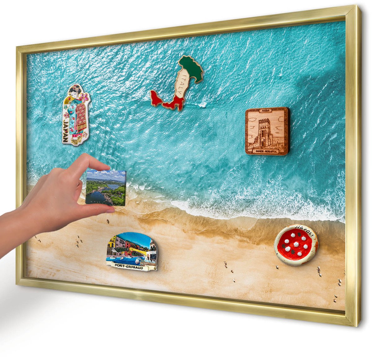Artprintcave Turkoois Magneetbord mit Gouden Frame - 60x40 cm - Zee En Strand Notitiebord - Fotografisch Magneetbord Voor Keuken - Landschappen