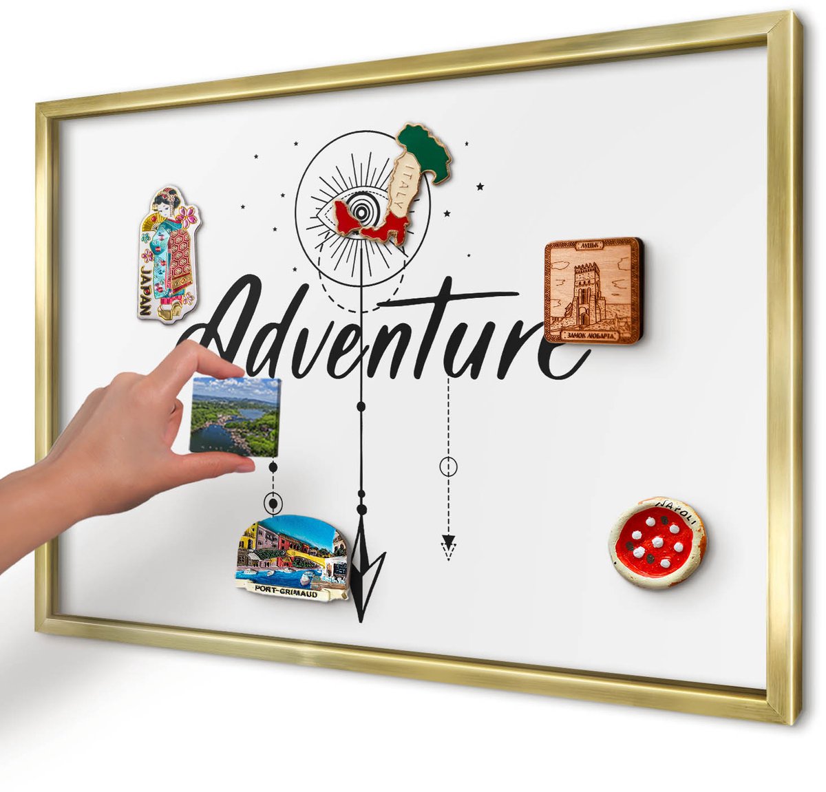 Artprintcave Wit Magneetbord mit Gouden Frame - 60x40 cm - Avontuurthema Magneetbord Voor Foto's - Minimalist Magnetisch Bord Voor Magneten - Teksten