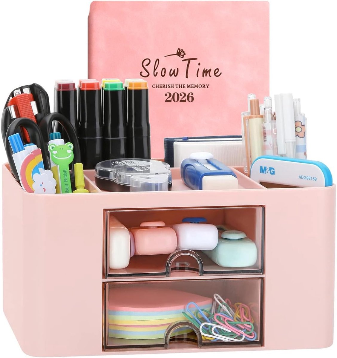 SnelShoppen - Creatieve en Eenvoudige Bureau Organizer, 6 Vakken Plastic Bureau Organizer met Lade, Multifunctionele Pennenhouder voor School, Kantoor