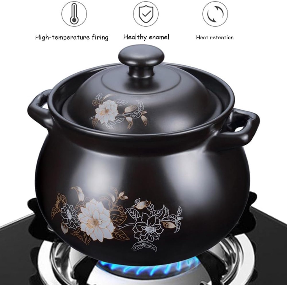 Keramische Stoofpot - Braadpan Rijstkoker - Gerechten Bereiden - Hittebestendig Materiaal - 2.5L - Zwart – foto 7