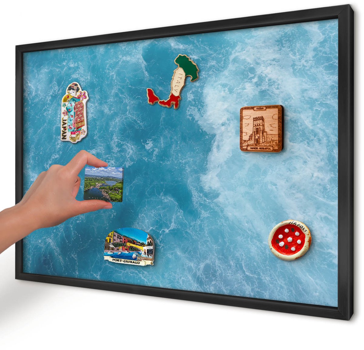 Artprintcave Blauw Magneetbord mit Zwart Frame - 60x40 cm - Oceaangolven Magneet Bord mit Frame - Abstract Magneetbord Voor Foto's - Natuur