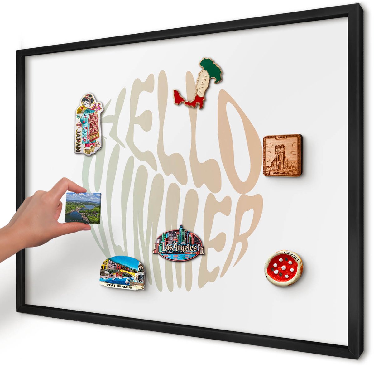 Artprintcave Wit Magneetbord mit Zwart Frame - 70x50 cm - Hallo Zomer Magneetbord Voor Keuken - Typografisch Magnetische Organizer - Texturen
