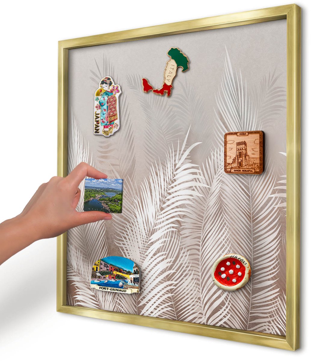 Artprintcave Beige Magneetbord mit Gouden Frame - 50x50 cm - Bladeren Van De Natuur Magneetbord Voor Keuken - Minimalist Magneet Bord mit Frame - Bloemen En Planten
