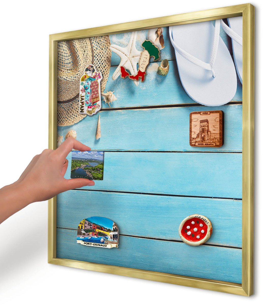 Artprintcave Blauw Magneetbord mit Gouden Frame - 50x50 cm - Vakantiesfeer Magnetisch Bord Voor Magneten - Modern Notitiebord - Natuur