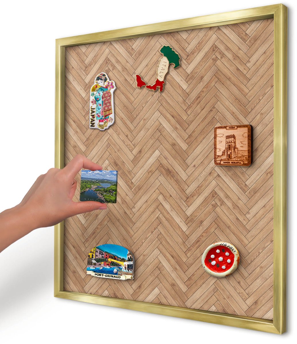 Artprintcave Bruin Magneetbord mit Gouden Frame - 50x50 cm - Visgraatpatroon Magnetisch Bord - Geometrische Magneetbord Voor Keuken - Texturen