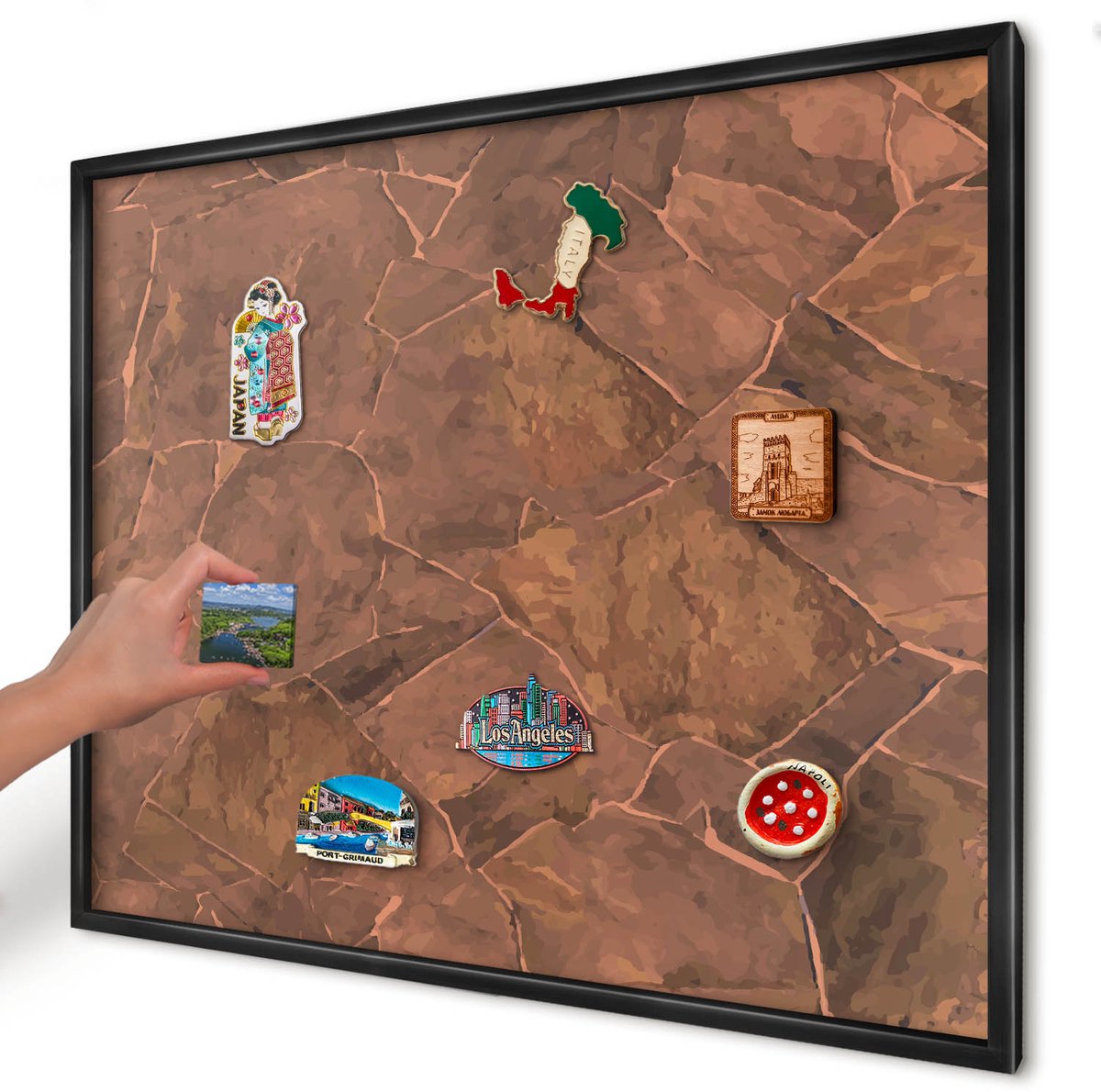 Artprintcave Bruin Magneetbord mit Zwart Frame - 80x60 cm - Stenen Constructie Magnetisch Bord Voor Magneten - Rustiek Memobord Keuken - Texturen