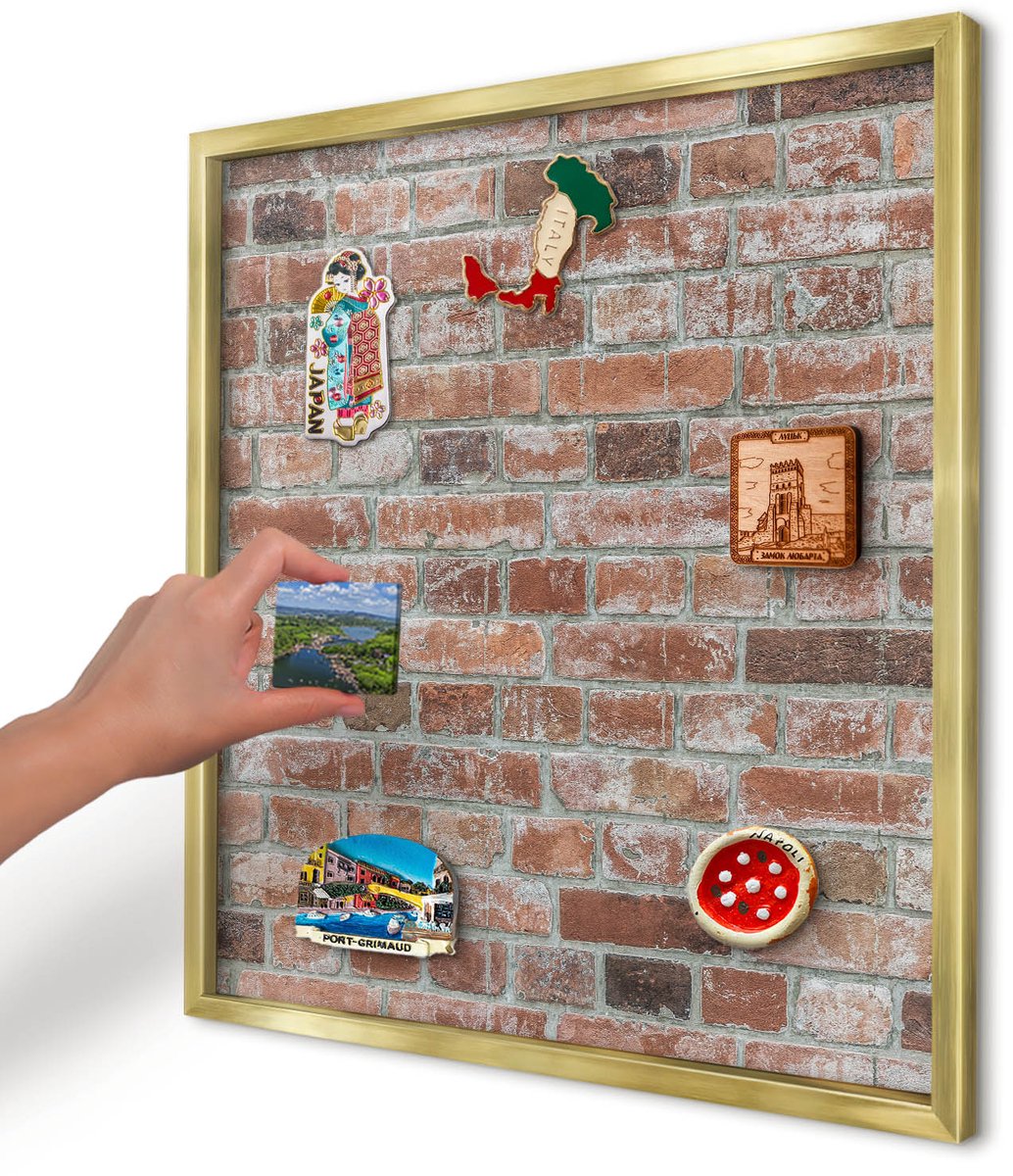 Artprintcave Rood Magneetbord mit Gouden Frame - 50x50 cm - Bakstenen Muur Magneet Bord mit Frame - Industrieel/Loft Magnetisch Bord Voor Magneten - Texturen