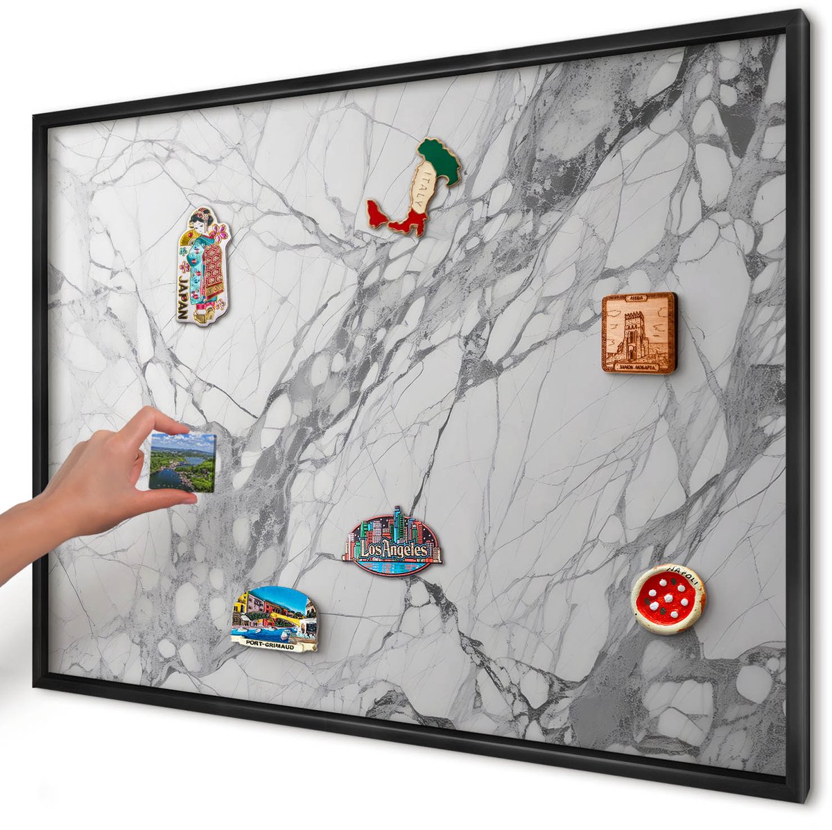 Artprintcave Wit Magneetbord mit Zwart Frame - 100x70 cm - Marmeren Elegantie Magneetbord Voor Keuken - Minimalist Magneetbord Voor Foto's - Texturen