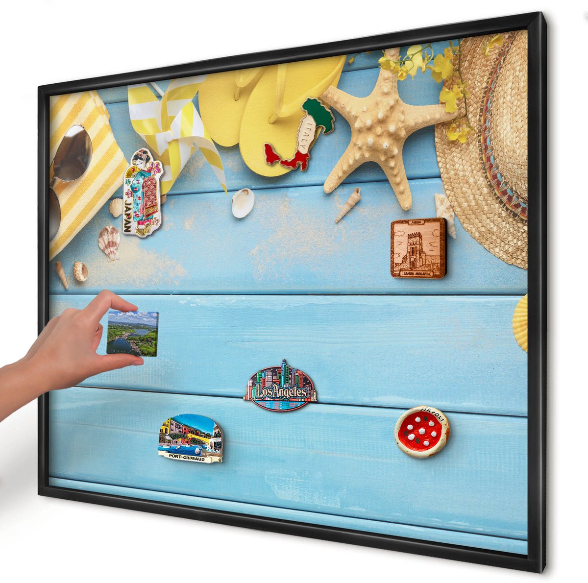 Artprintcave Blauw Magneetbord mit Zwart Frame - 80x60 cm - Strandsfeer Memobord Keuken - Boho Magneetbord Voor Keuken - Reis