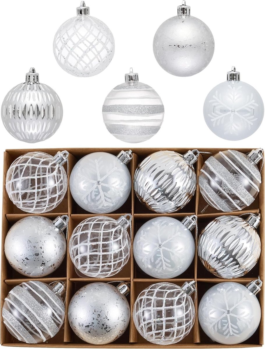 Set van 12 Transparante Kerstballen van 6 cm voor Kerstboomdecoratie - Zilveren en Witte Hangdecoraties voor een Feestelijk Thema