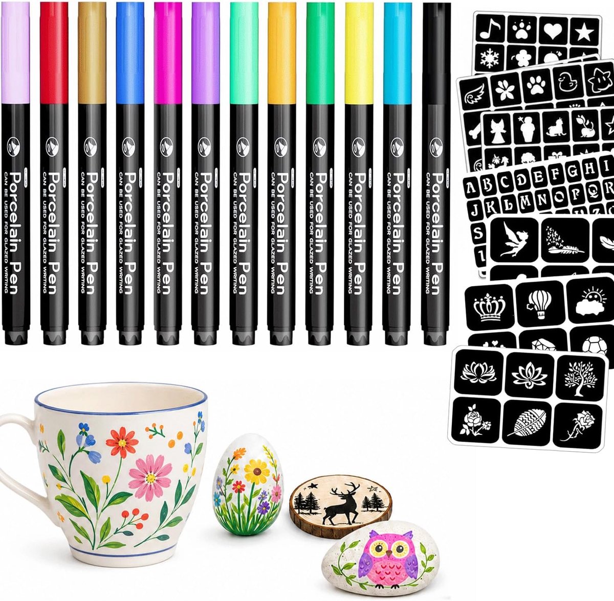 Keramisch schilderset 12 kleuren - porseleinen stiften - 16 sjablonen - creatief schilderen - ShopVlot