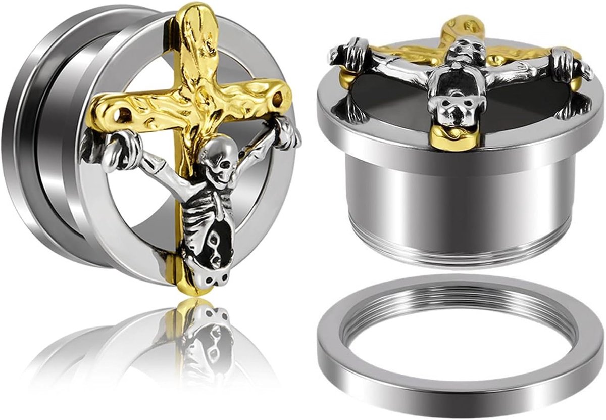 Tunnels, gothic, met gouden kruis en schedel, lichaamspiercing, sieraden voor mannen en vrouwen, 2 stuks