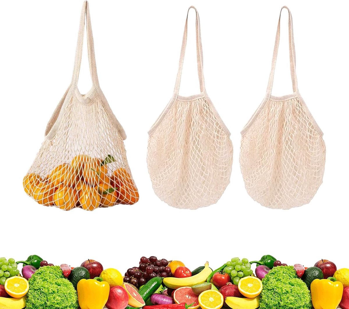 3 stuks, herbruikbaar, katoenen boodschappennet, tas met lange handgreep, beige fruitnet om op te hangen, boodschappennet, aardappelzak voor fruit en winkelen, strand