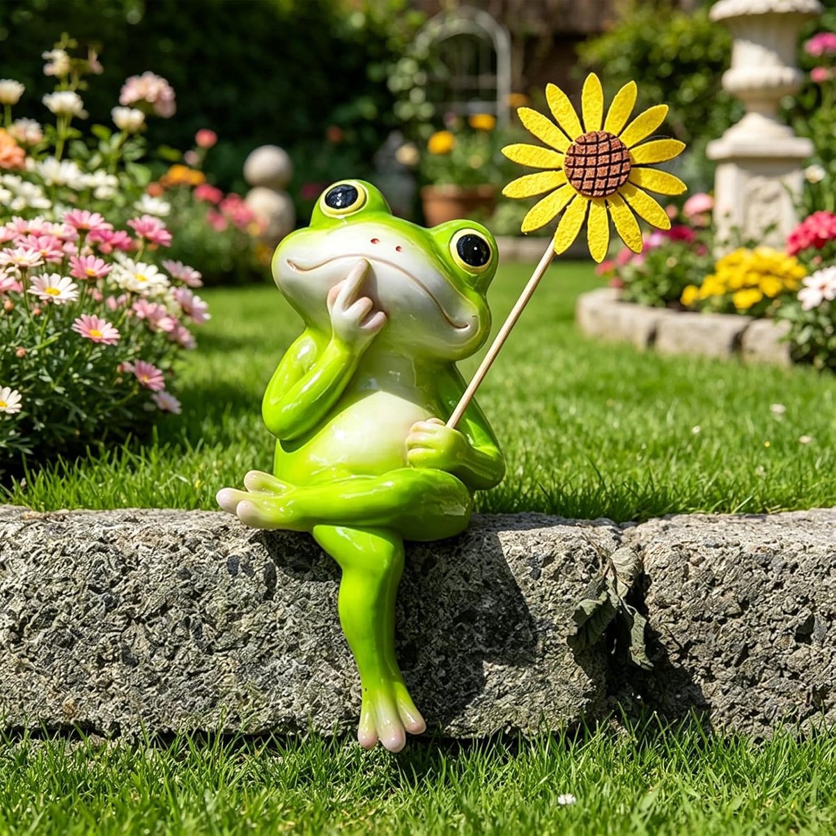 tuindecoratie, kikkerfiguren, grappig kikkerbeeld met afneembare bloem, hars-kikkerbeelden voor tuindecoratie, balkon, woonkamer, kantoor