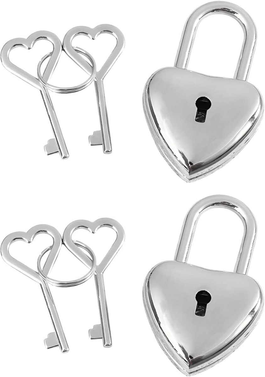 2 stuks mini-hangslot, hartvorm, vintage liefdesslot met sleutel, hangslot, liefdeshart, slot voor kast, sieradenkistje, dagboek, lade (Argento)