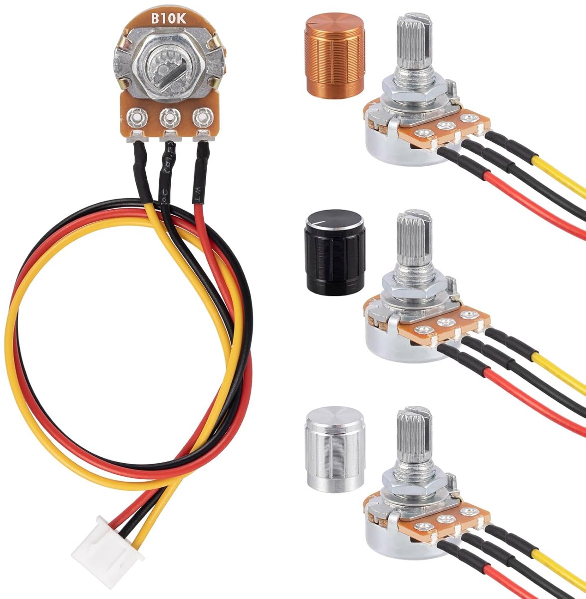 3 stuks 10 K Ohm enkele lineaire draaipotentiometer WH148 B10K lineaire koolstoffilm rotentiometer 3 klemmen met kabelaansluiting XH2,54-3 pin en draaiknop