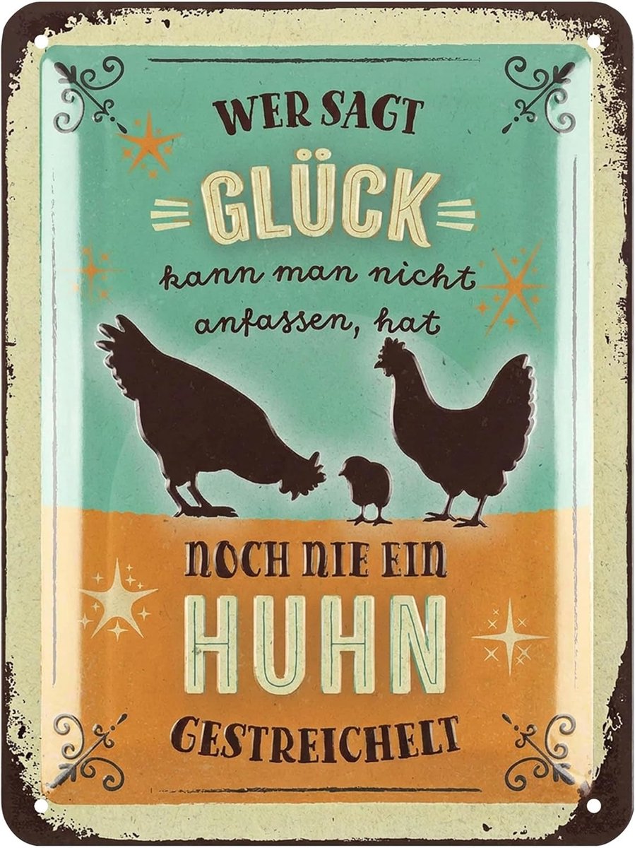 Retro metalen bord kippenhok - Wer sagt Glück, kippenaccessoires, grappige borden met spreuken, vintage metalen borden, kippendecoratie voor het kippenhok, tuinschild, kippendecoratie, 15 x 20