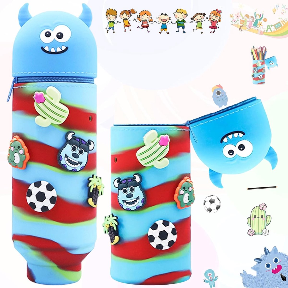 etui, Kawaii etui, cartoon potloodhouder, opstaande etui, zachte siliconen etui, schattige etui, etui met ritssluiting 2 in 1