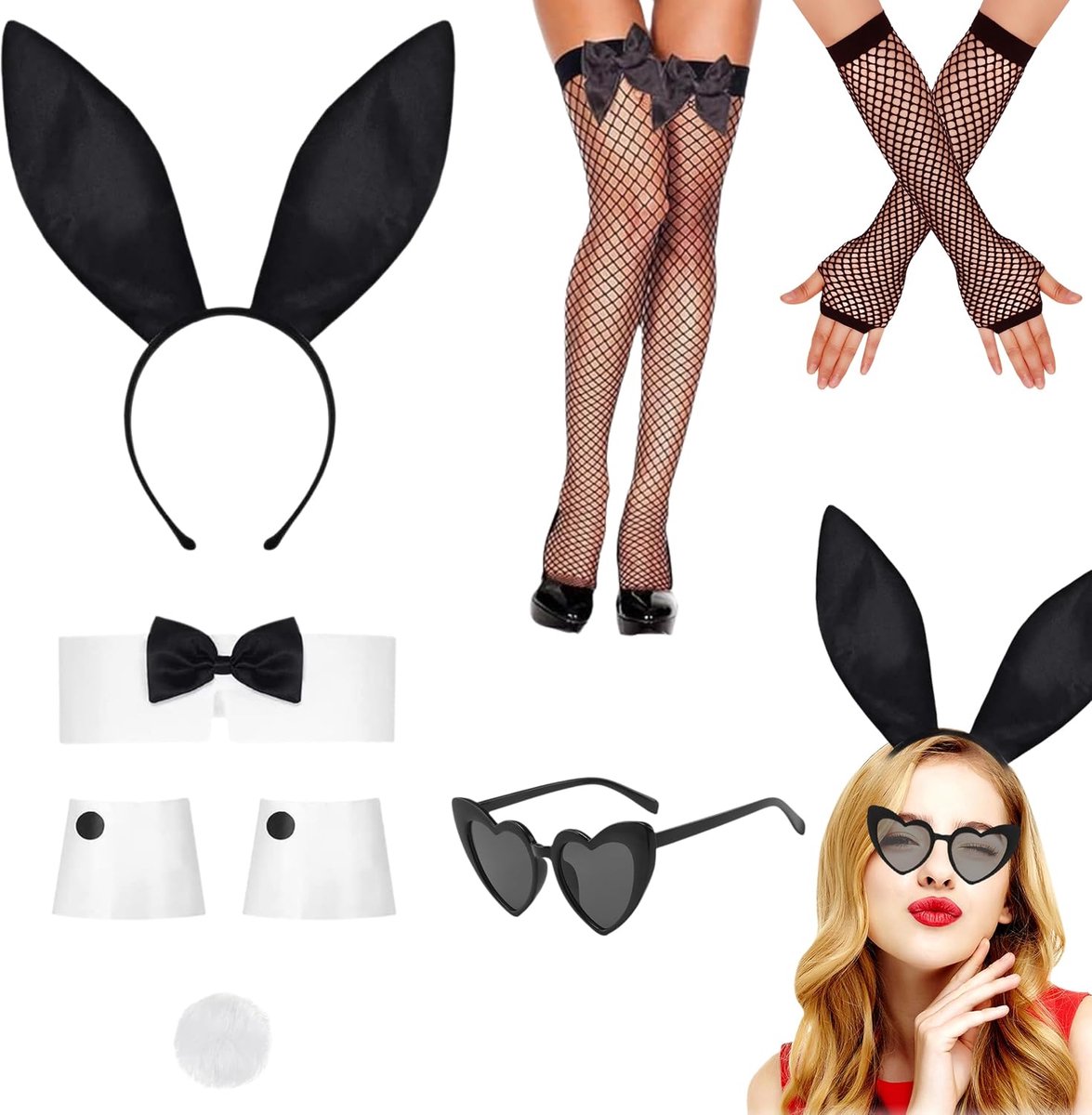 Dames, 7 Stuks Bunny-kostuum Accessoires, Konijnen oor Hoofdband met Vlinderdas Manchetten Staart Handschoenen Sokken voor Halloween Mardigras Cosplay