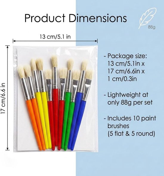 Set van 10 penselen van varkensharen, ronde en platte kwast voor acryl, aquarel en gouache, kleine schilderkwast voor kunstenaars en beginners, veelzijdige aquarelset — afbeelding 2
