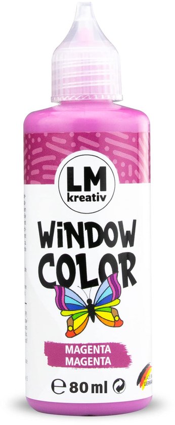 Flesje LM Kreativ Window Color magenta met vlinder design.