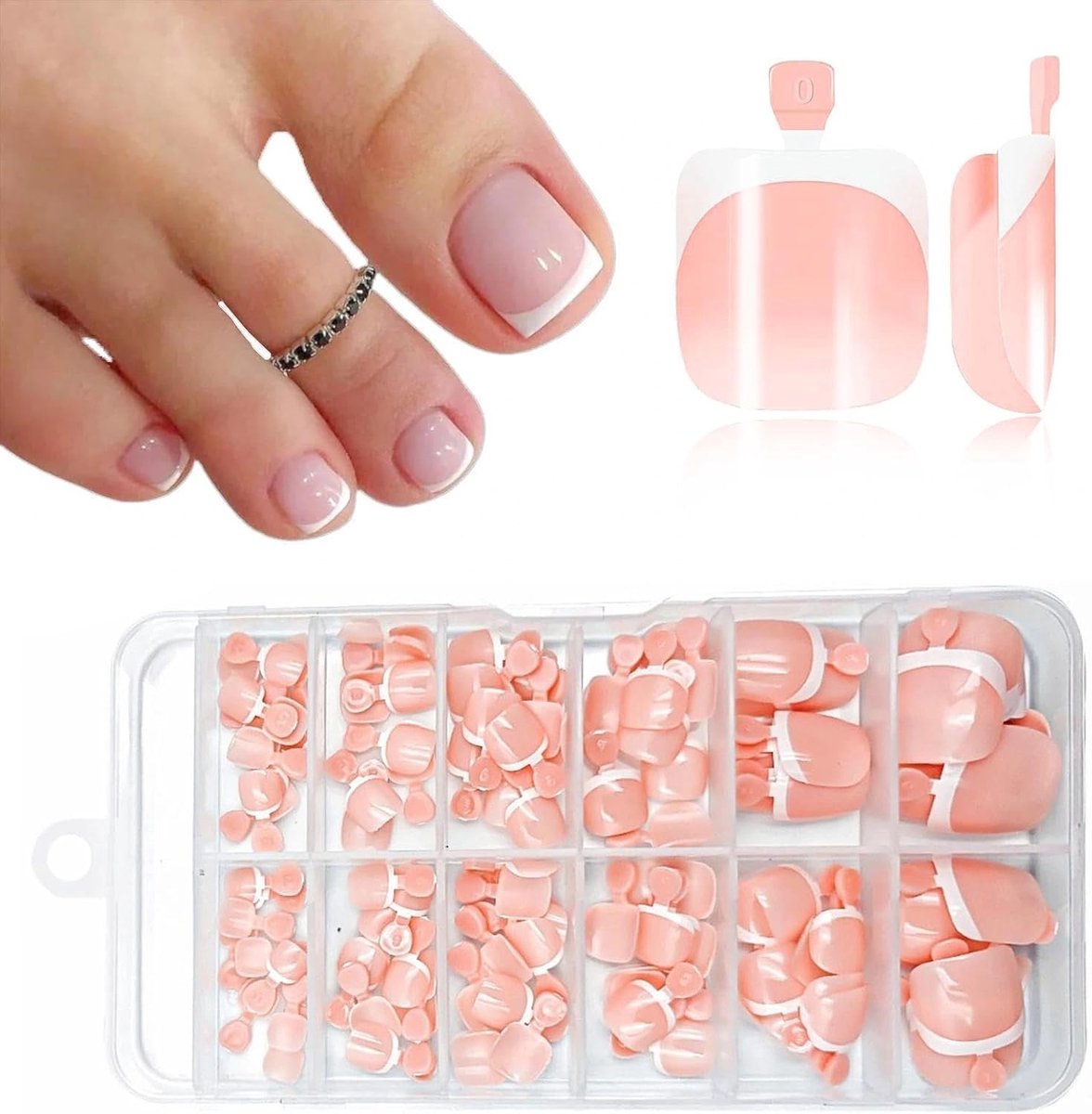 120 stuks Franse tip teennagels, 12 maten korte vierkante valse teennagels kit, glanzende volledige dekking acryl valse teennagels, Press-on teennagels, Franse tip, voor vrouwen meisjes nail