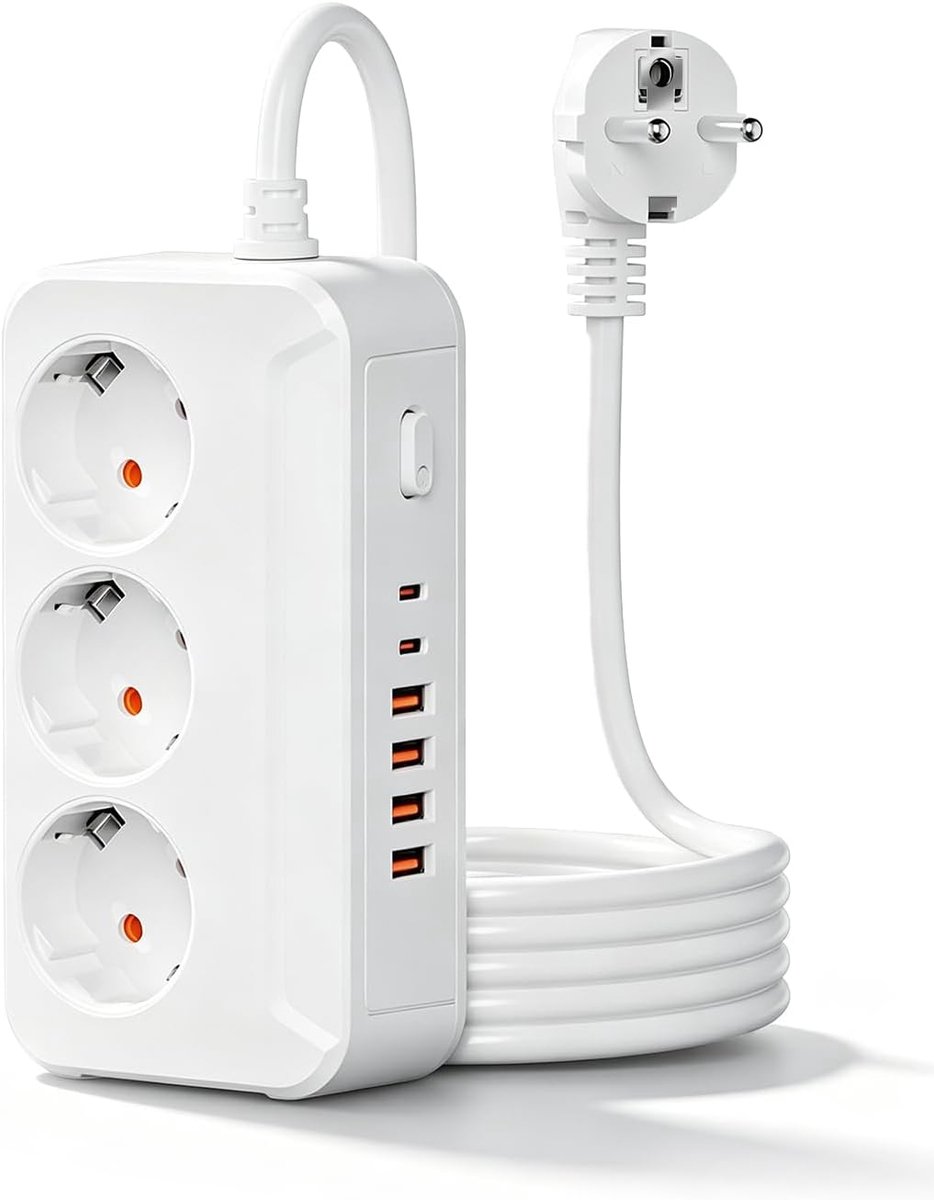 3-voudig met USB C, meervoudige stekkerdoos met 4 USB-A en 2 USB-C, stekkerdoos met schakelaar, 1,8 m kabel, wandmontage, 2500 W, wit, voor keuken, kantoor, thuis