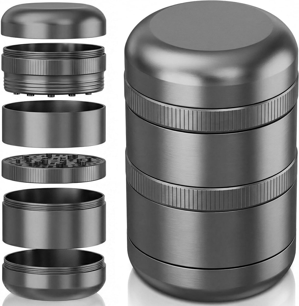 Grinder Metaal 60 mm - Herb Grinder, Grinders, Crusher Accessories Gifts, Cool Dry Herb Mill, Big Large Premium Steel Novelty Ginder, 4delig, 4 Chamber XXL Geinder, Grijs