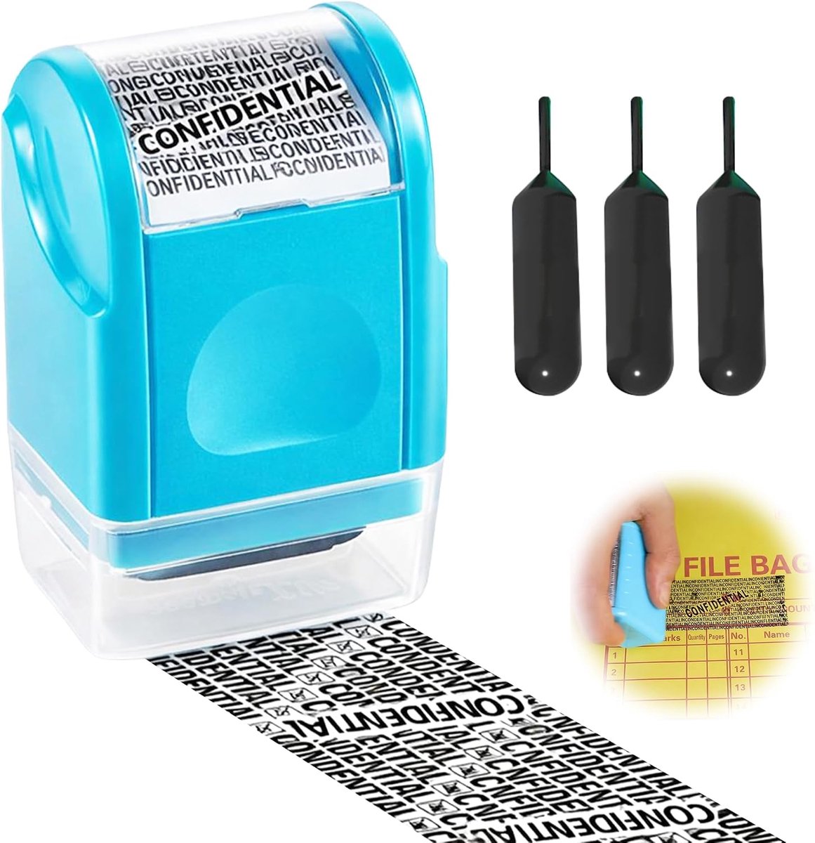 Kit van Vertrouwelijke Rolstempels, Databescherming Rolstempel met 3 Navullingen Niet-toxische Inkt, Rolstempel voor Maskeren van Persoonlijke Informatie, Blauw
