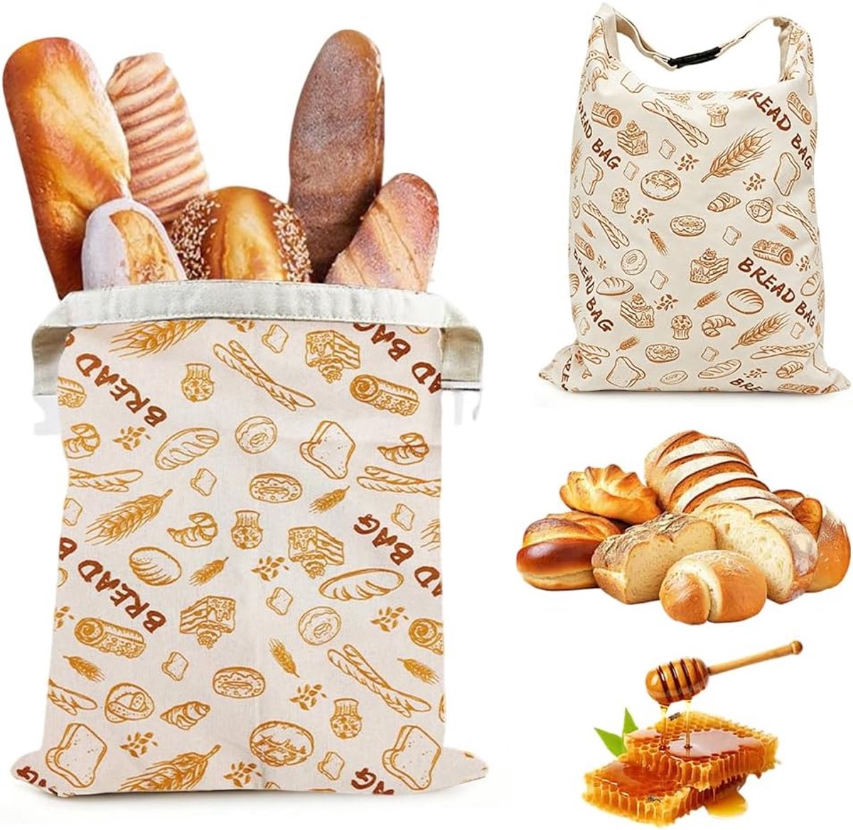 2 stuks bijenwas broodzakken, herbruikbaar, broodzakken met bijenwas, groot 43 cm × 33 cm, broodzak, opslag, vers houden met karabijnhaak, bijenwaszak voor baguette en zuurdeegbrood