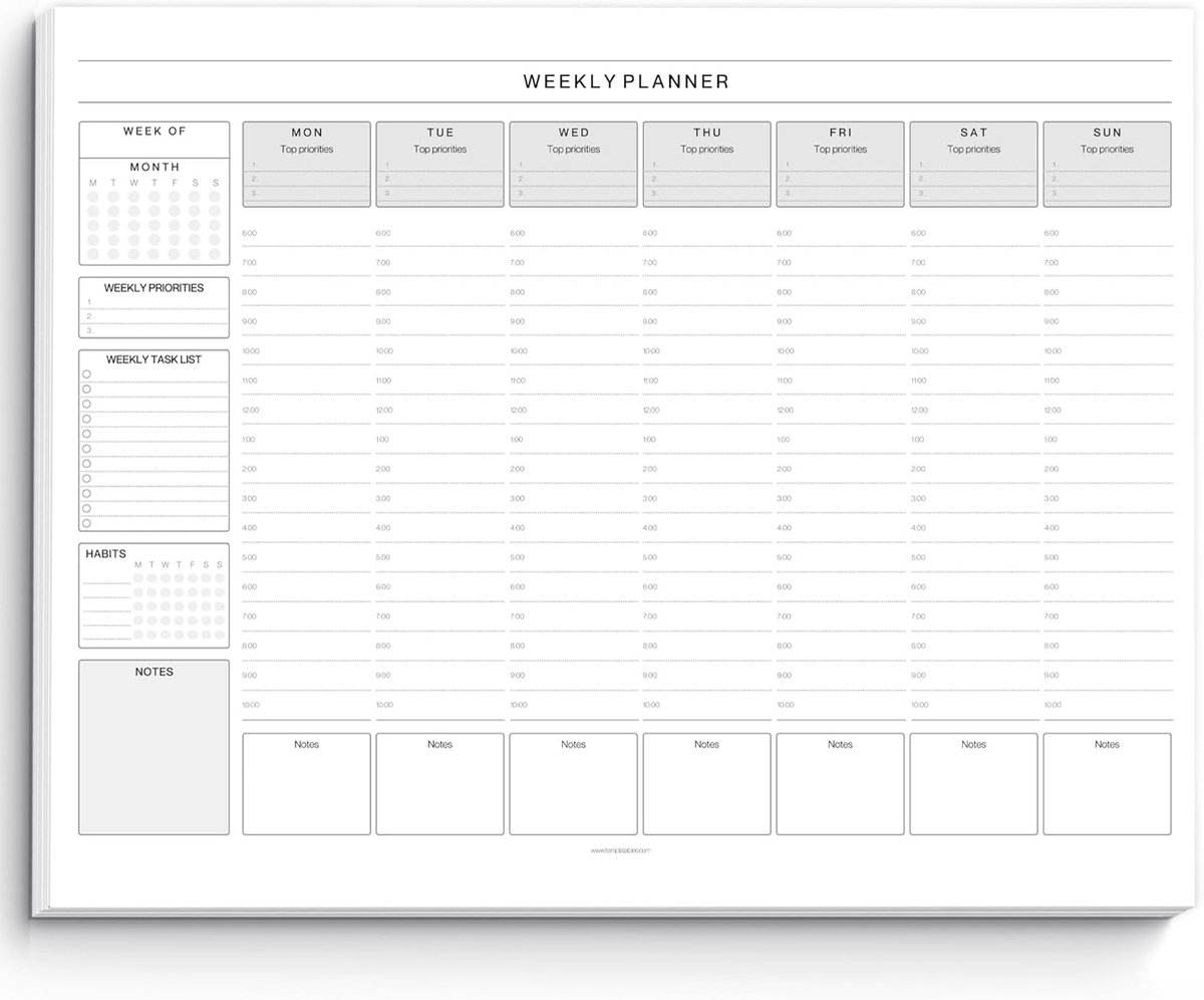 SnelShoppen - Wekelijkse Uurplanner Notitieblok A4, Ongedateerde Bureaublad Planner, To-Do Lijst voor ADHD, 50 Afscheurbare Vellen, Efficiënte Organis